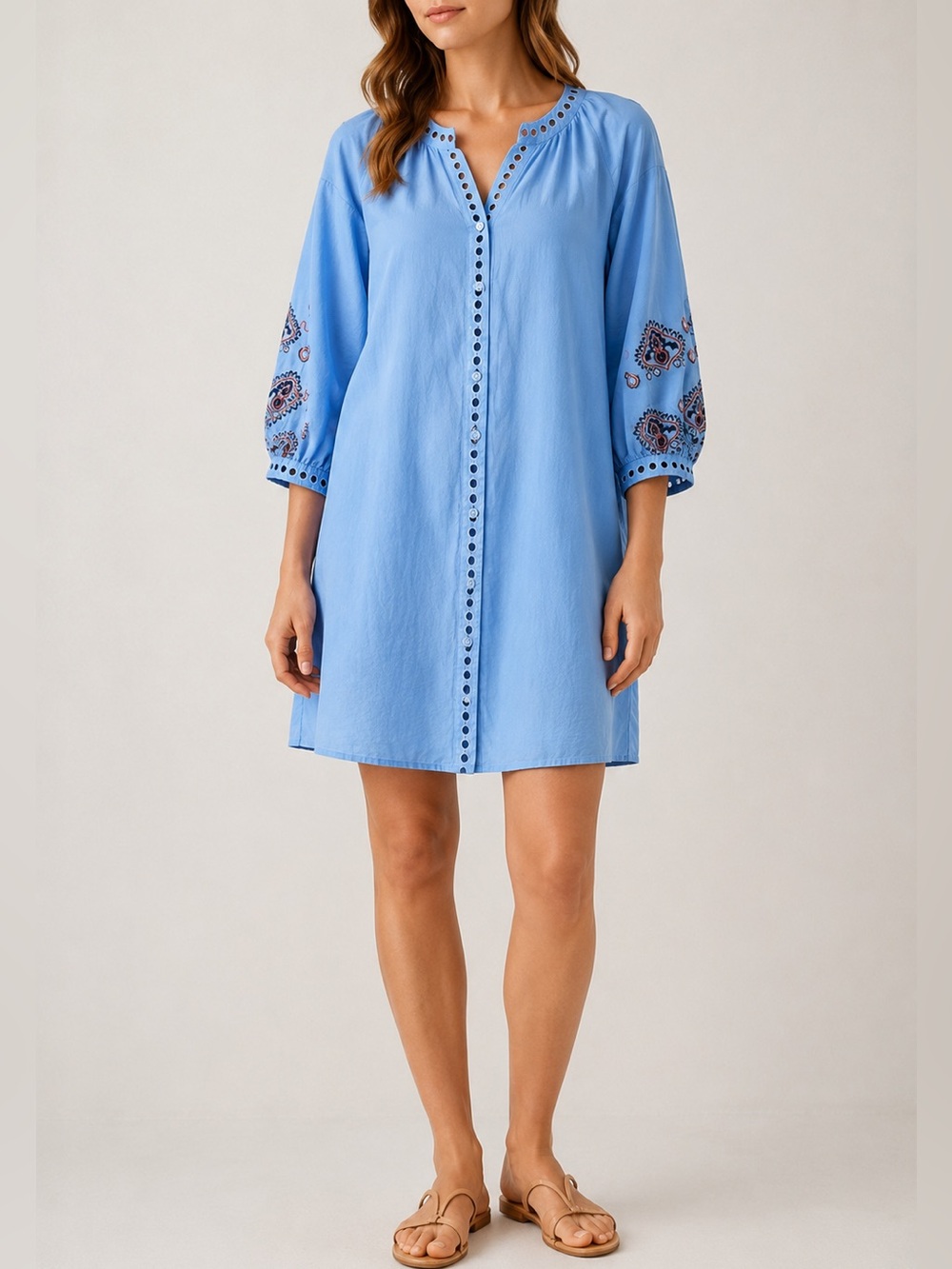 Melissa Odabash Women’s Blue Linen Cotton Embroidered  Dress Relaxed Fit